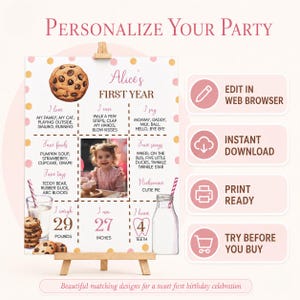 Editable Milk and Cookies First Birthday Invitation Bundle, Girl 1st Birthday Party Kit, Birthday Decor Package, Instant Download. C010 image 2