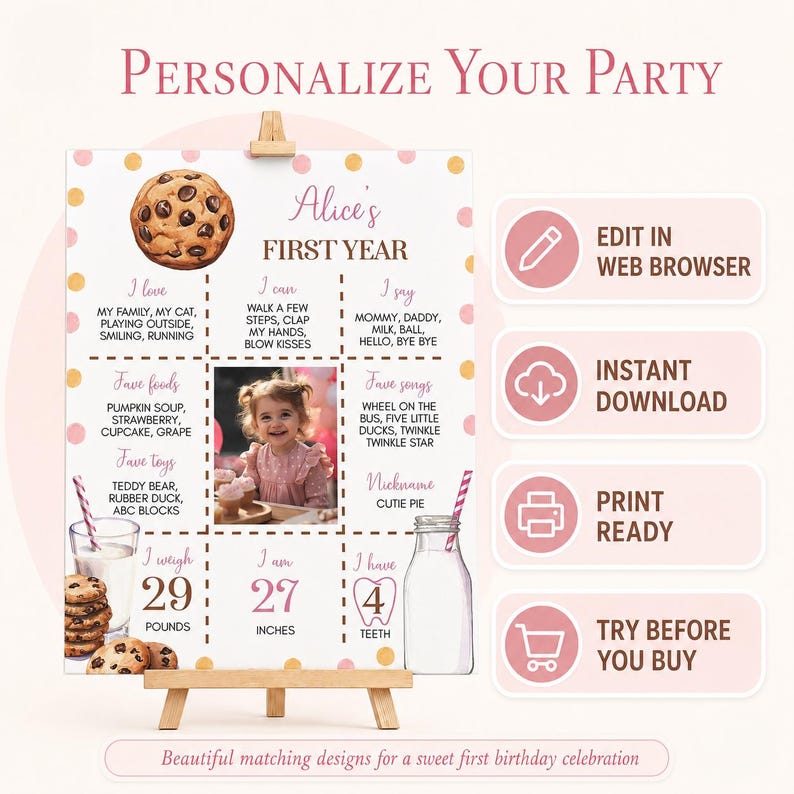 Editable Milk and Cookies First Birthday Invitation Bundle, Girl 1st Birthday Party Kit, Birthday Decor Package, Instant Download. C010 image 2