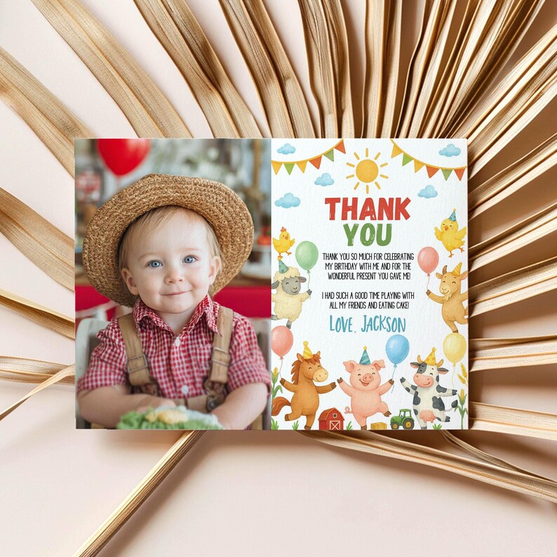 EDITABLE Farm Birthday Thank You Card, Farm Party Photo Thank You Card ...