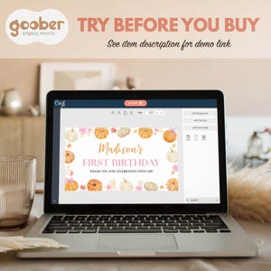 May include: A laptop screen displaying a digital invitation template with the text Madison's FIRST BIRTHDAY THANK YOU FOR CELEBRATING WITH ME, surrounded by watercolor illustrations of pumpkins, pink flowers, and small gold stars.