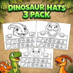 Könnte beinhalten: Drei druckbare Dinosaurier-Hutvorlagen mit Cartoon-Dinosaurier-Illustrationen. Jede Vorlage zeigt ein anderes Dinosaurier-Design und ein Band mit Dinosaurier-Symbolen. Der Text "DINOSAUR HATS 3 PACK" steht oben.