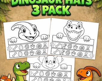 Puede incluir: Tres sombreros de dinosaurio imprimibles con diferentes diseños de dinosaurios. Cada sombrero presenta una cara de dinosaurio y una banda con iconos temáticos de dinosaurios. Las palabras "Dinosaur Hats 3 Pack" están en la parte superior en verde.
