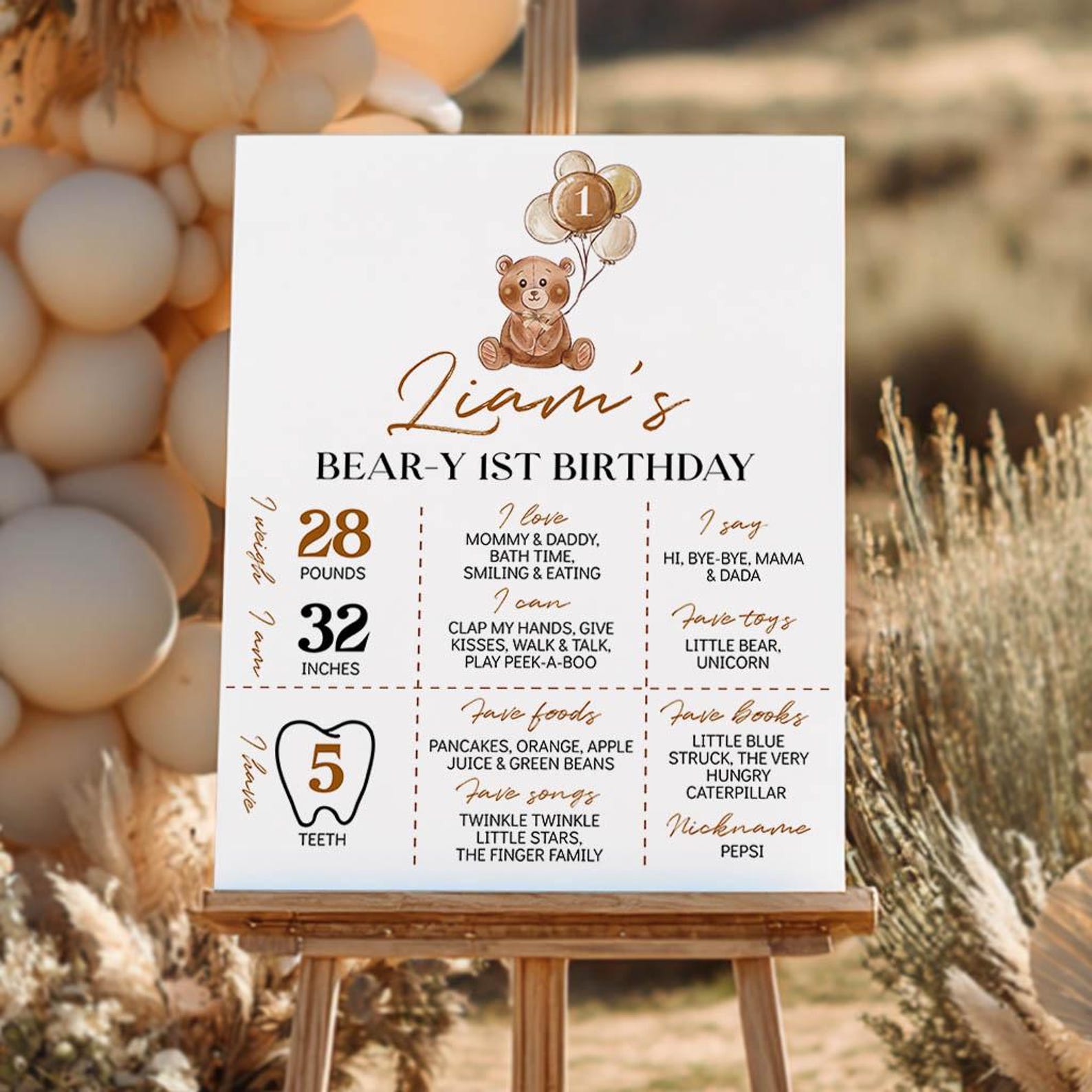 EDITABLE Beary First Birthday Milestone Poster, Teddy Bear Birthday ...
