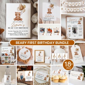 Editable Beary First Birthday Invitation Set, Neutral Bear 1st Birthday Bundle, Teddy Bear Birthday Decor Kit, Instant Download. T004 image 1
