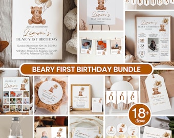 Conjunto de invitaciones editables para el primer cumpleaños de Beary, paquete de decoración para el primer cumpleaños de Oso en tonos neutros, kit de decoración para cumpleaños de osito de peluche, descarga instantánea T004