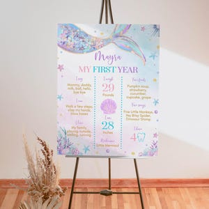 May include: A printable first birthday chart for a baby girl named Mayra. The chart is decorated with a mermaid theme and includes details about her first year, such as her weight, height, and favorite foods. The chart is printed on a white background with a light blue and purple color scheme.