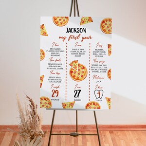 May include: A white printable poster with a pizza theme for a first birthday. The poster has a red and white striped border and features a watercolor illustration of a pizza with the text "JACKSON my first year". The poster includes details about the child's first year, such as their weight, height, and favorite foods.