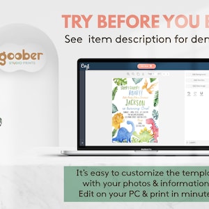 May include: A laptop screen displaying a customizable digital birthday invitation template featuring watercolor dinosaurs and tropical leaves. The text reads STOMP! CHOMP! ROAR!! Jackson is turning One! along with event details. The interface includes editing tools.