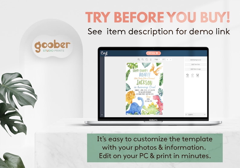 May include: A laptop screen displaying a customizable digital birthday invitation template featuring watercolor dinosaurs and tropical leaves. The text reads STOMP! CHOMP! ROAR!! Jackson is turning One! along with event details. The interface includes editing tools.