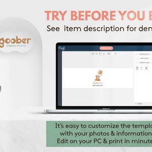 May include: A laptop screen displaying a digital design template with a bear graphic and the text 'Zimmi's First Birthday'. The screen shows editing tools and the text 'TRY BEFORE YOU BUY! See item description for demo link' and 'It's easy to customize the template with your photos & information. Edit on your PC & print in minutes.'