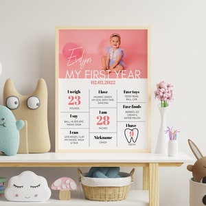 May include: A rectangular framed milestone poster featuring a photo of a baby, the name Evelyn, and the text My First Year. The design includes sections for weight in pounds, height in inches, favorite toys, foods, and a count of nine teeth.