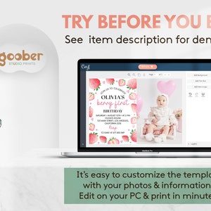 May include: A laptop screen displaying a customizable digital birthday invitation template featuring strawberry graphics and text that reads Olivia's berry first birthday. The screen shows editing tools and a photo of a baby in a white outfit.