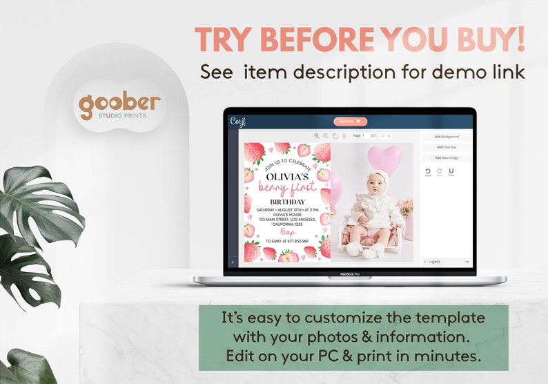 May include: A laptop screen displaying a customizable digital birthday invitation template featuring strawberry graphics and text that reads Olivia's berry first birthday. The screen shows editing tools and a photo of a baby in a white outfit.