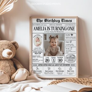 May include: A personalised birthday milestone poster titled The Birthday Times, featuring a central photograph of a child, text detailing birth date, height of 66 cm, weight of 13.6 kg, 5 teeth, favourite foods, songs, books, toys, and nicknames.