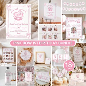 Girls Just Wanna Be One Invite Bundle, Pink Bow Birthday Decor Package, Pink Coquette Bow Invitation Party Set, Vintage Cake Template. C014