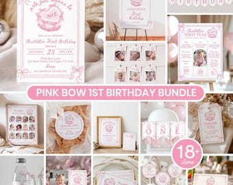 Girls Just Wanna Be One Invite Bundle, Pink Bow Birthday Decor Package, Pink Coquette Bow Invitation Party Set, Vintage Cake Template. C014