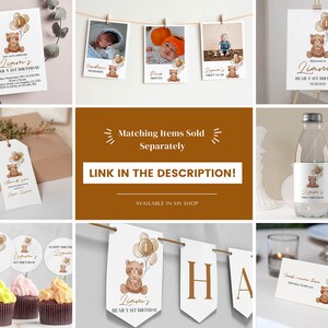 May include: A collection of party stationery featuring a brown bear illustration holding a balloon with the number one. Items include an invitation, photo cards, a welcome sign, gift tags, a water bottle label, cupcake toppers, and a banner.