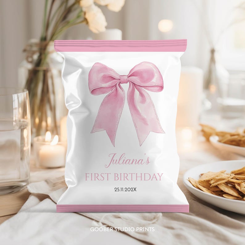 EDITABLE Pink Bow Birthday Chip Bag, Girl 1st Birthday Party Favors, Minimal Pink Party Birthday Favors, Printable Template