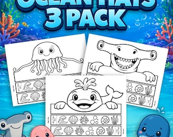3 Ocean Partyhüte Pack | Unter dem Meer-Geburtstagsfeier-Aktivität | Ozean Malkronen Basteln für Kinder |   Sofortiger Download von Vorlagen