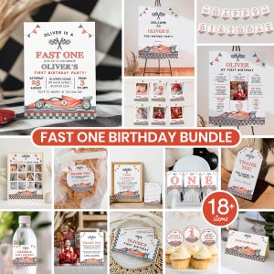 Editable Race Car Birthday Invitation Bundle, Fast One Birthday Party Decor Kit, Race Car First Birthday Package, Instant Download. R012