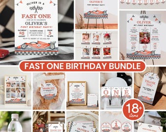 Paquete de invitaciones de cumpleaños editables de carreras, kit de decoración para fiesta de cumpleaños de Fast One, paquete de primer cumpleaños de carreras, descarga instantánea. R012