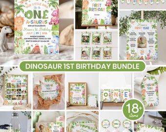 May include: A collection of dinosaur-themed party supplies, including invitations, banners, cupcake toppers, and a welcome sign. The designs feature colorful dinosaurs and tropical foliage, with text that reads "Mason's First Birthday" and "One A-Saurus."