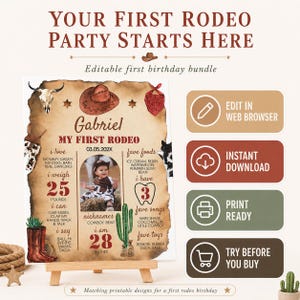 Paquete de invitaciones editables para mi primer cumpleaños de rodeo, kit para fiesta de primer cumpleaños de vaquero, paquete de decoración para cumpleaños del oeste, descarga instantánea. R007 imagen 2