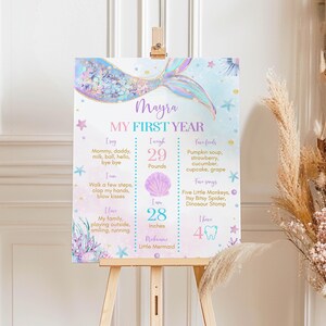 May include: A mermaid-themed first birthday poster with a purple and blue mermaid tail illustration. The poster includes details about the child's first year, such as their weight, height, favorite foods, and songs. The poster is decorated with stars, seashells, and other ocean-themed elements.