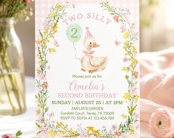 Editable Silly Goose Birthday Invitation, Two Silly Girl 2nd Birthday Invite, Printable Template. G008