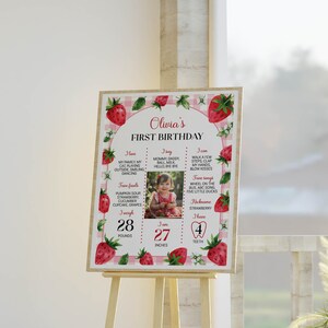 May include: A pink and white gingham background with a strawberry border. The center features a photo of a baby girl with a list of milestones for her first birthday. The list includes her weight, height, favorite foods, and things she can do. The text reads "Olivia's First Birthday".