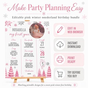 May include: A pink and silver winter-themed birthday milestone sign featuring snowflakes and pine trees. The text includes 'Make Party Planning Easy', 'Rosabella my first year', and sections for favourites, weight of 12.2 kg, and height of 71 cm.