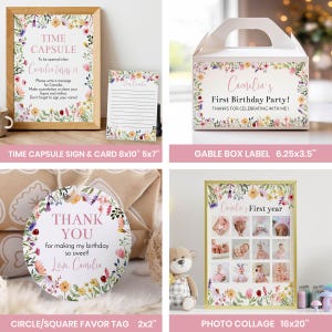 May include: A collection of party stationery featuring floral borders, including an 8x10 inch time capsule sign, a 5x7 inch message card, a 6.25x3.5 inch gable box label, a 2x2 inch round favor tag, and a 16x20 inch photo collage poster.
