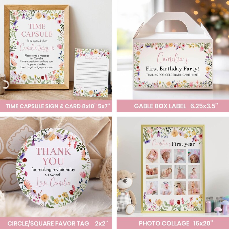 May include: A collection of party stationery featuring floral borders, including an 8x10 inch time capsule sign, a 5x7 inch message card, a 6.25x3.5 inch gable box label, a 2x2 inch round favor tag, and a 16x20 inch photo collage poster.