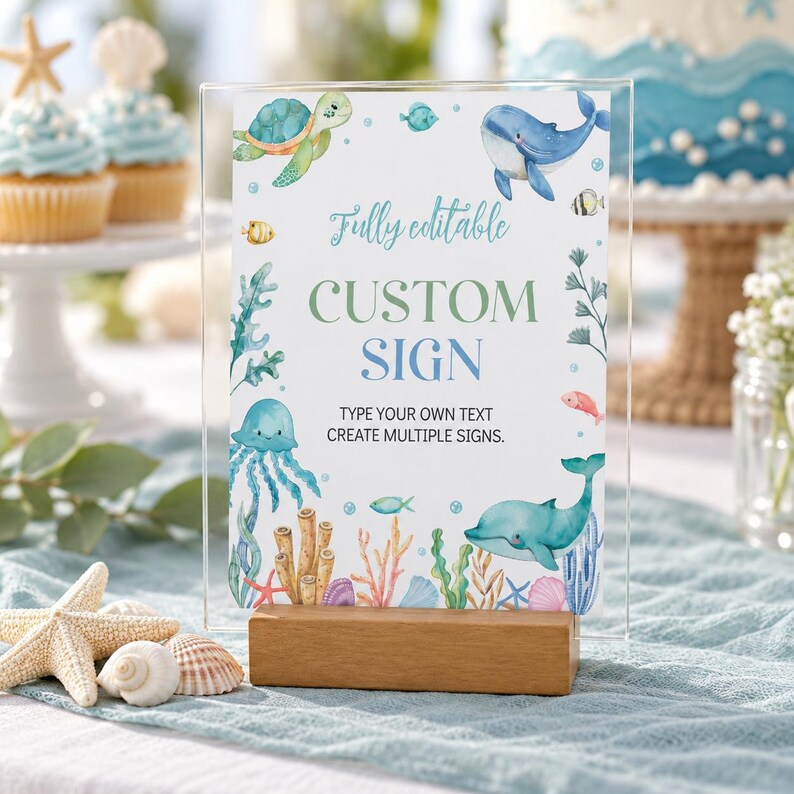 EDITABLE Under The Sea Birthday Party Sign, Ocean 1st Birthday Custom Sign, Ocean Birthday Party Table Sign, Printable Template. O009 image 2