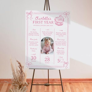 May include: A pink and white first birthday milestone poster with a photo of a baby girl. The poster lists the baby's age, weight, height, favorite foods, activities, and songs. The poster is decorated with bows and a heart.