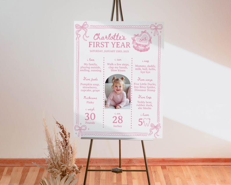 May include: A pink and white first birthday milestone poster with a photo of a baby girl. The poster lists the baby's age, weight, height, favorite foods, activities, and songs. The poster is decorated with bows and a heart.
