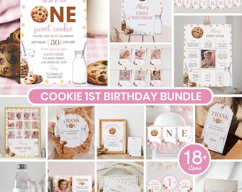 Editable Milk and Cookies First Birthday Invitation Bundle, Girl 1st Birthday Party Kit, Birthday Decor Package, Instant Download. C010