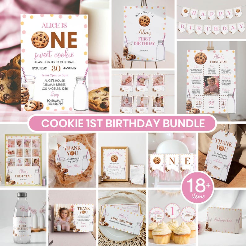 Editable Milk and Cookies First Birthday Invitation Bundle, Girl 1st Birthday Party Kit, Birthday Decor Package, Instant Download. C010