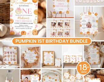 Editable Little Pumpkin 1st Birthday Invitation Bundle, Boho Fall Birthday Decor Kit, Pink Bow Printable Party Bundle. P018