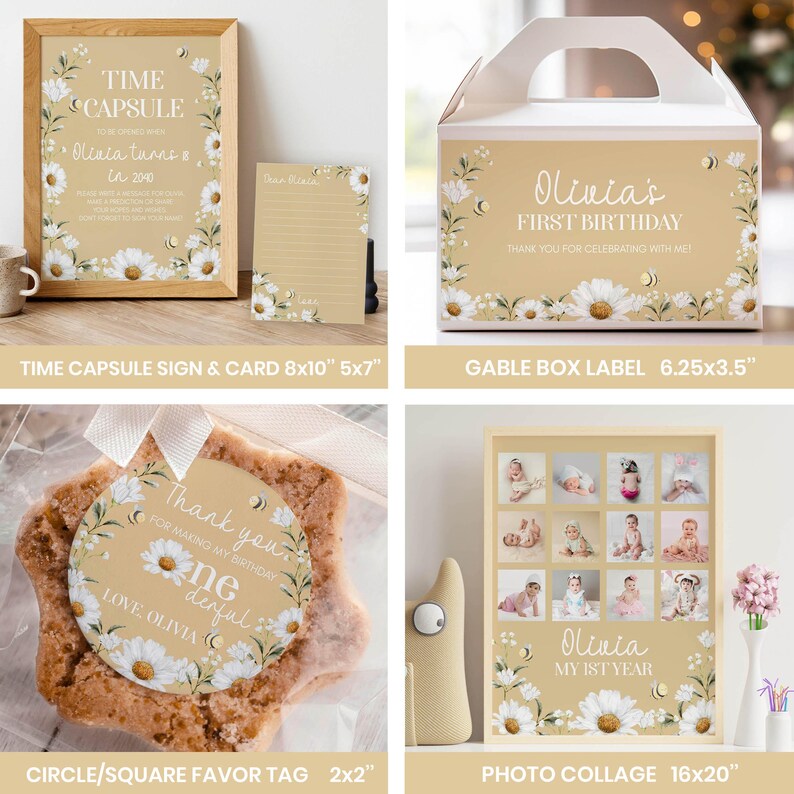 May include: A collection of party supplies with a daisy theme. Includes a framed "Time Capsule" sign, a gable box label, a photo collage, and a favor tag. The items are decorated with daisies and the text "Olivia's First Birthday".