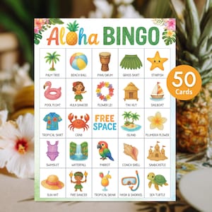 May include: A colorful "Aloha BINGO" game card featuring tropical illustrations like a pineapple, palm tree, and crab. The card includes the text "Aloha BINGO" and "50 Cards". The game card is designed with a Hawaiian theme.