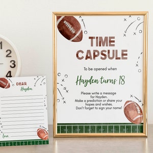 Modelo EDITÁVEL de cápsula do tempo de aniversário de futebol, sinal de cápsula do tempo para festa de aniversário de esportes, decoração de festa de futebol, download instantâneo. F016