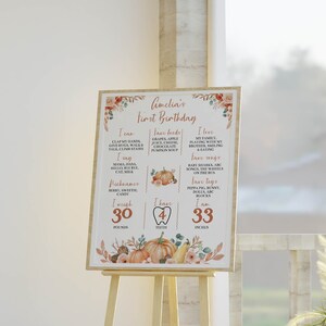 May include: A rectangular milestone birthday sign for Amelia's first birthday, featuring orange and brown pumpkin and floral illustrations. The text lists milestones including I can, fave foods, I love, I say, fave songs, nicknames, fave toys, 30 pounds, 4 teeth, and 33 inches.