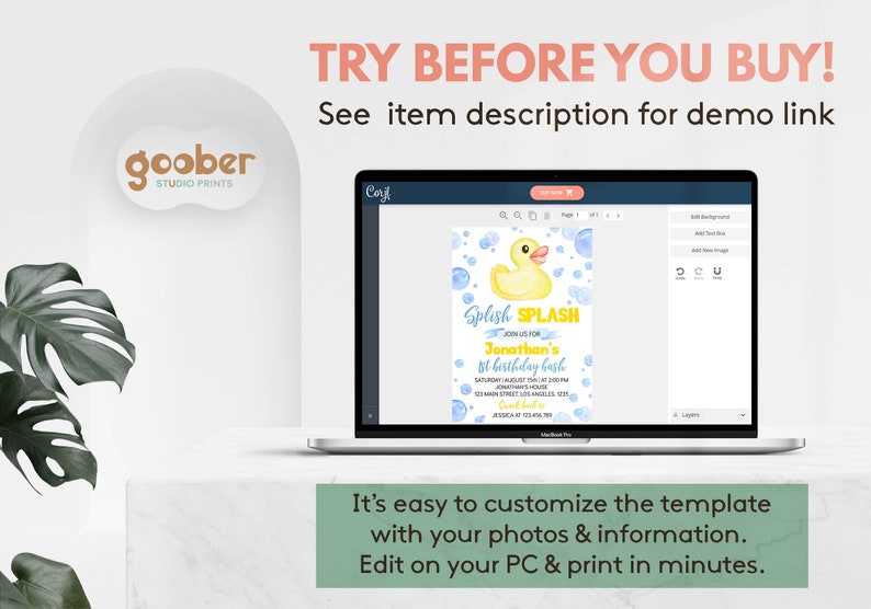 May include: A laptop displays a customizable invitation template for a first birthday party. The design features a yellow rubber duck, blue bubbles, and the text "Splish Splash." The screen also shows the text "TRY BEFORE YOU BUY!" and "It's easy to customize the template."