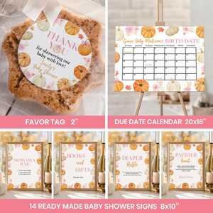 May include: A collection of baby shower decorations with a fall theme. Includes a favor tag, a due date calendar, and several signs. The signs read "Mom-osa Bar", "Books and Gifts", "Diaper Raffle", and "Pacifier Hunt". The favor tag is 2 inches.