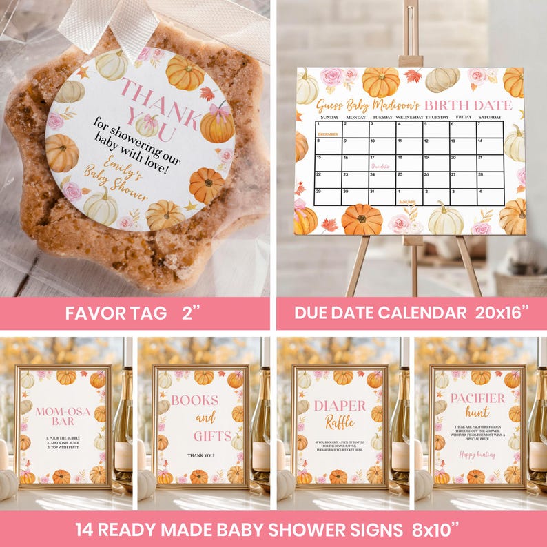 May include: A collection of baby shower decorations with a fall theme. Includes a favor tag, a due date calendar, and several signs. The signs read "Mom-osa Bar", "Books and Gifts", "Diaper Raffle", and "Pacifier Hunt". The favor tag is 2 inches.