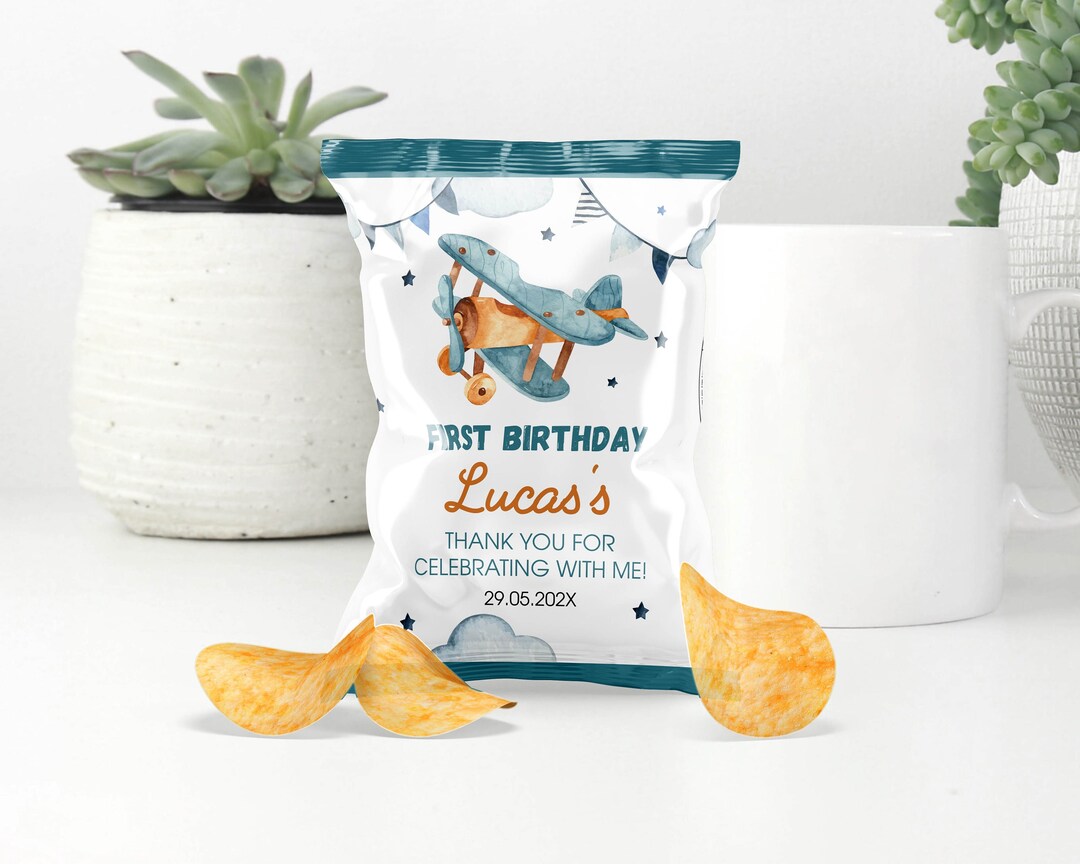 EDITABLE Airplane Birthday Chip Bags, Airplane Party Favor Bags