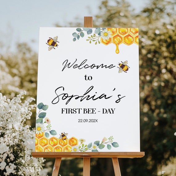 Bee Birthday Welcome Sign, First Bee Day Decor, Bee Welcome Sign, Honey Bee Baby Shower Sign, Printable Template, Instant Download. B002