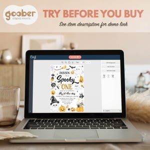 May include: A laptop screen displaying a digital invitation template for a first birthday party. The invitation features Halloween-themed graphics including ghosts, pumpkins, and bats with the text Jackson is a Spooky ONE Join us to celebrate His 1st Boo-day.