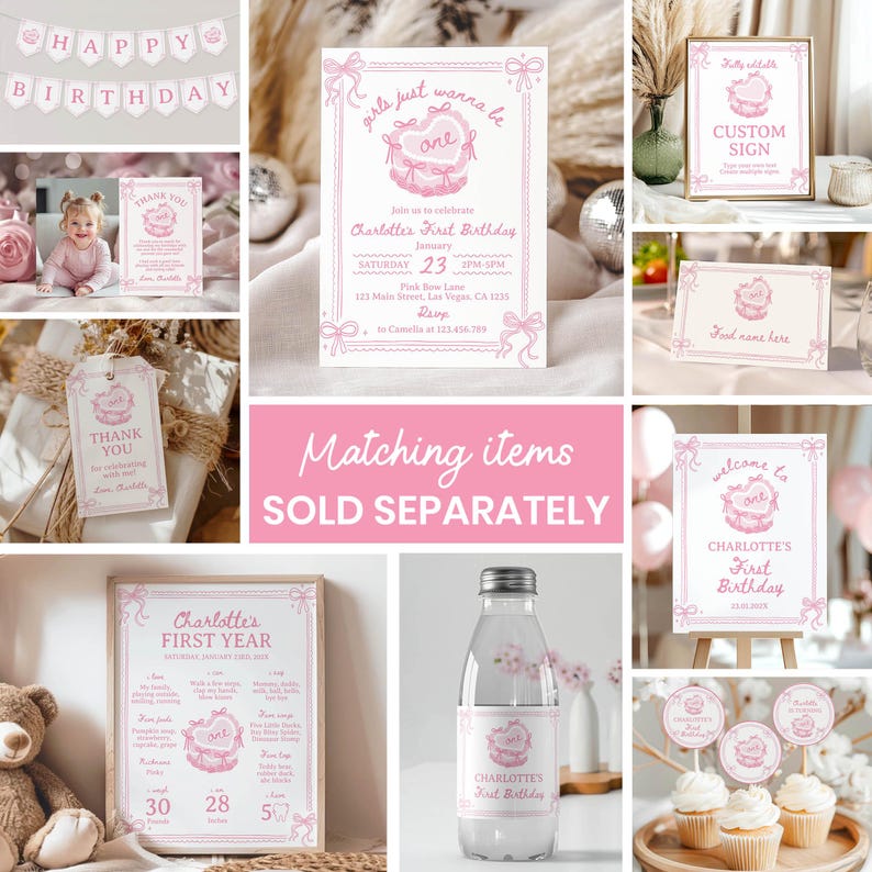 Peut inclure: Une collection de papeterie d'anniversaire rose et blanche avec une illustration de g&acirc;teau et des n&oelig;uds, incluant une invitation, une carte de remerciement, un panneau d'accueil, des &eacute;tiquettes alimentaires, une &eacute;tiquette de bouteille et un tableau.